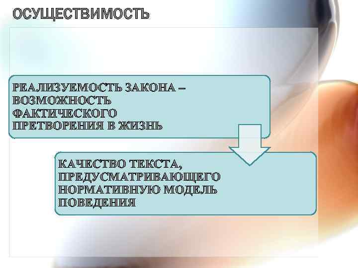 ОСУЩЕСТВИМОСТЬ РЕАЛИЗУЕМОСТЬ ЗАКОНА – ВОЗМОЖНОСТЬ ФАКТИЧЕСКОГО ПРЕТВОРЕНИЯ В ЖИЗНЬ КАЧЕСТВО ТЕКСТА, ПРЕДУСМАТРИВАЮЩЕГО НОРМАТИВНУЮ МОДЕЛЬ