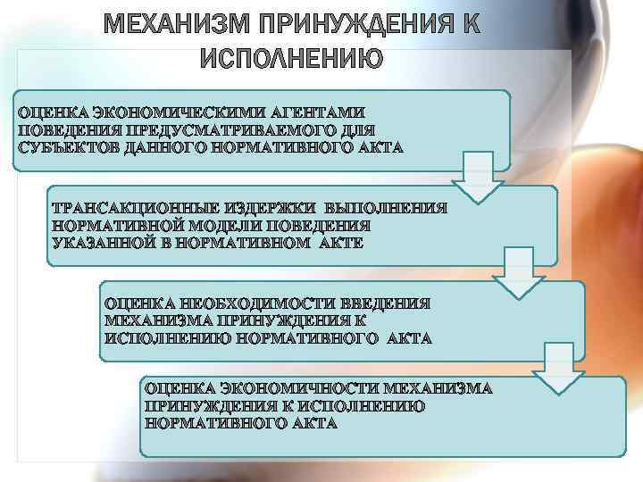 МЕХАНИЗМ ПРИНУЖДЕНИЯ К ИСПОЛНЕНИЮ ОЦЕНКА ЭКОНОМИЧЕСКИМИ АГЕНТАМИ ПОВЕДЕНИЯ ПРЕДУСМАТРИВАЕМОГО ДЛЯ СУБЪЕКТОВ ДАННОГО НОРМАТИВНОГО АКТА