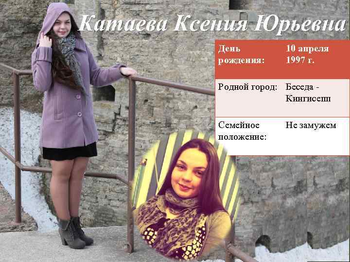 Катаева Ксения Юрьевна День рождения: 10 апреля 1997 г. Родной город: Беседа - Кингисепп