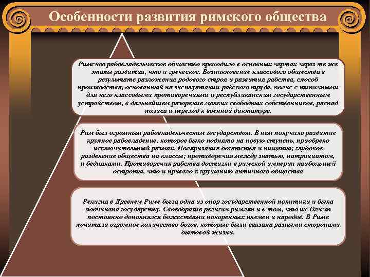 Особенности развития римского общества Римское рабовладельческое общество проходило в основных чертах через те же