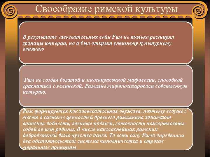 Своеобразие римской культуры В результате завоевательных войн Рим не только расширял границы империи, но