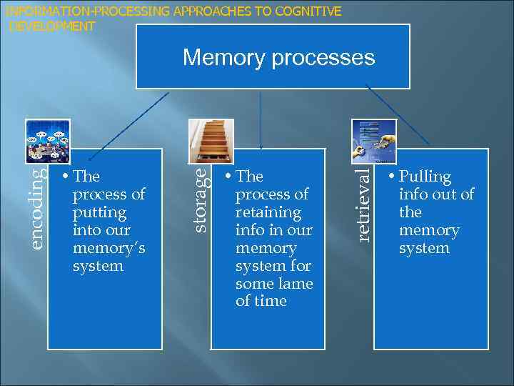 INFORMATION-PROCESSING APPROACHES TO COGNITIVE DEVELOPMENT • The process of retaining info in our memory