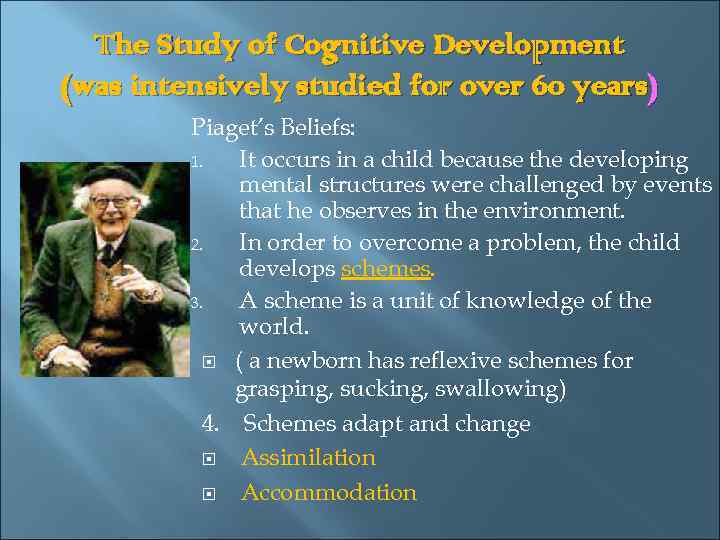 The Study of Cognitive Development (was intensively studied for over 60 years) Piaget’s Beliefs: