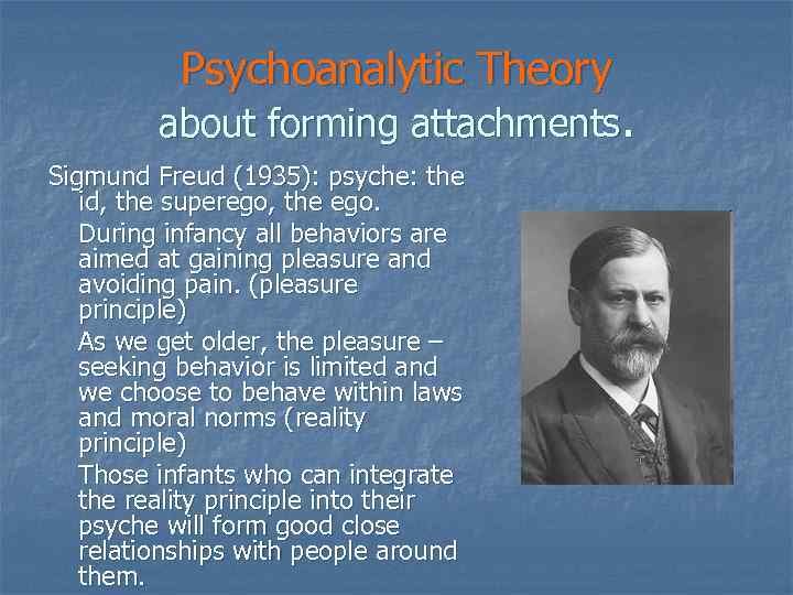 Psychoanalytic Theory about forming attachments. Sigmund Freud (1935): psyche: the id, the superego, the