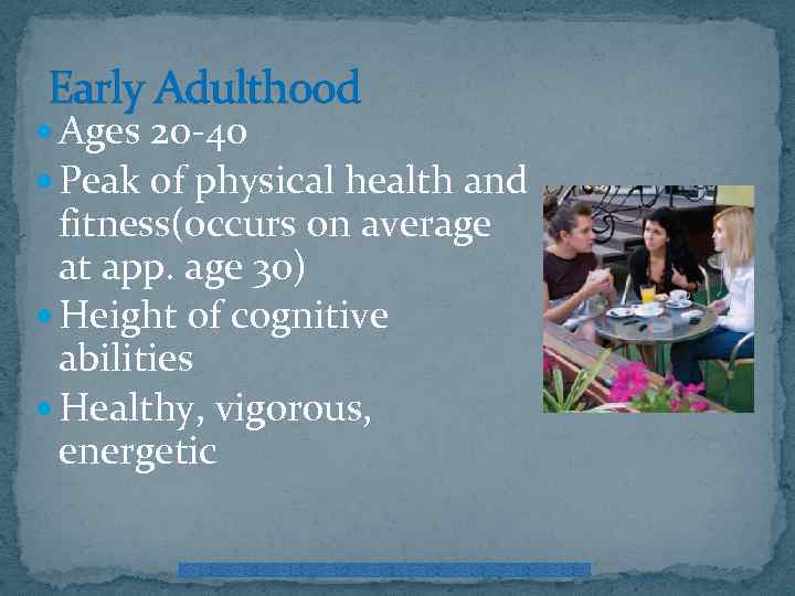 Early Adulthood Ages 20 -40 Peak of physical health and fitness(occurs on average at