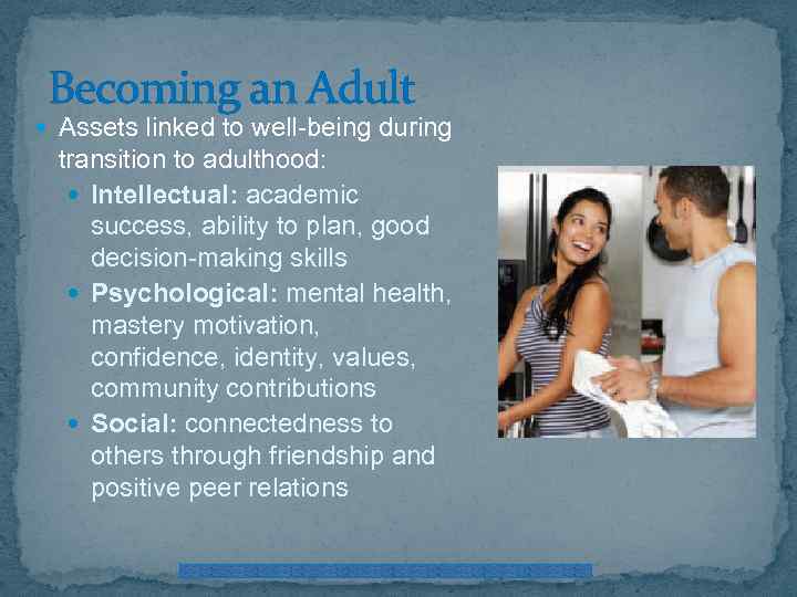 Becoming an Adult Assets linked to well-being during transition to adulthood: Intellectual: academic success,