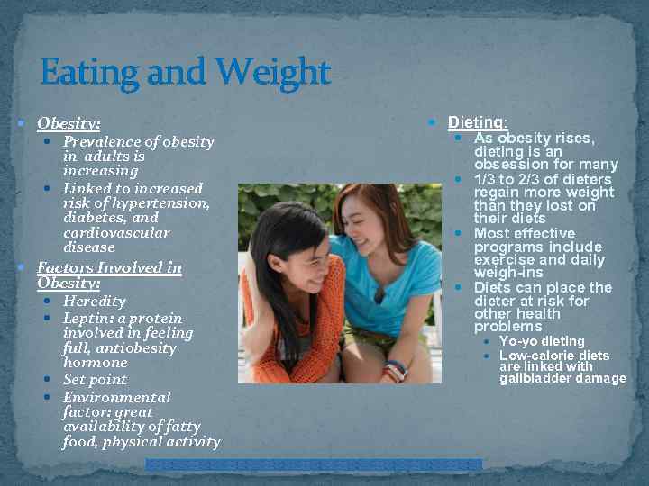 Eating and Weight Dieting: Obesity: Prevalence of obesity in adults is increasing Linked to