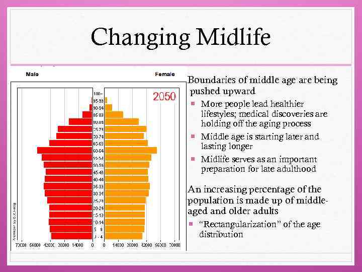 Changing Midlife Boundaries of middle age are being pushed upward More people lead healthier