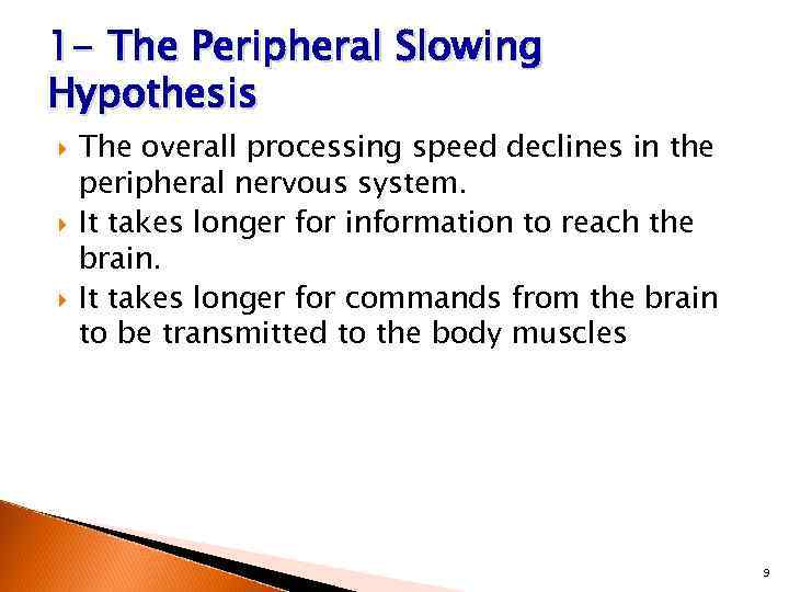 1 - The Peripheral Slowing Hypothesis The overall processing speed declines in the peripheral