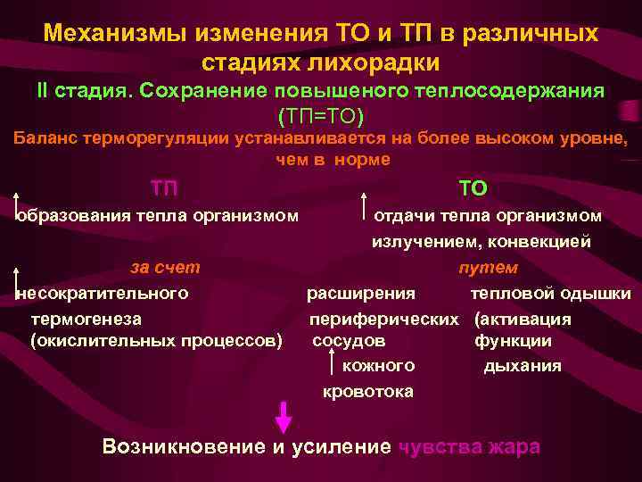 Механизмы изменения ТО и ТП в различных стадиях лихорадки II стадия. Cохранение повышеного теплосодержания