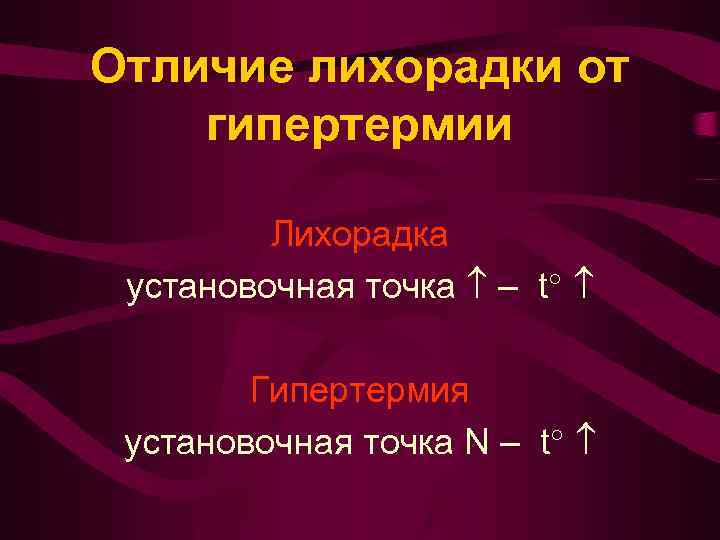 Отличие лихорадки от гипертермии Лихорадка установочная точка – t Гипертермия установочная точка N –