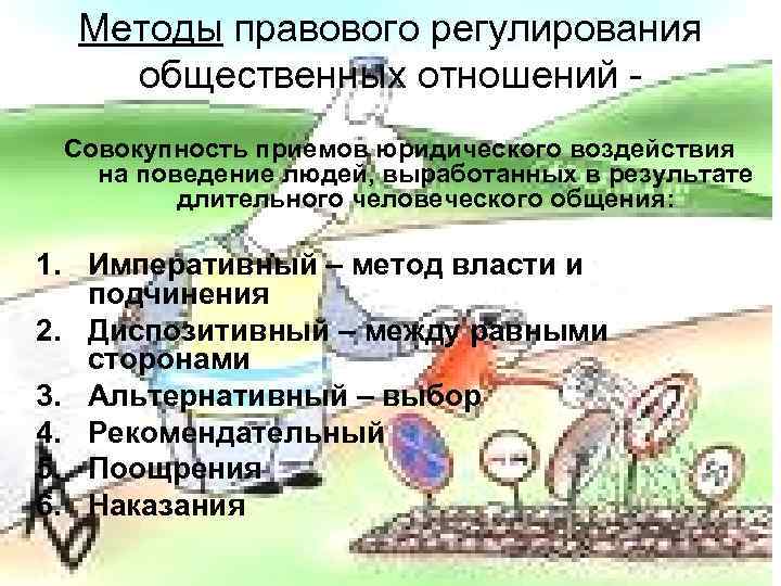 Методы правового регулирования общественных отношений - Совокупность приемов юридического воздействия на поведение людей, выработанных