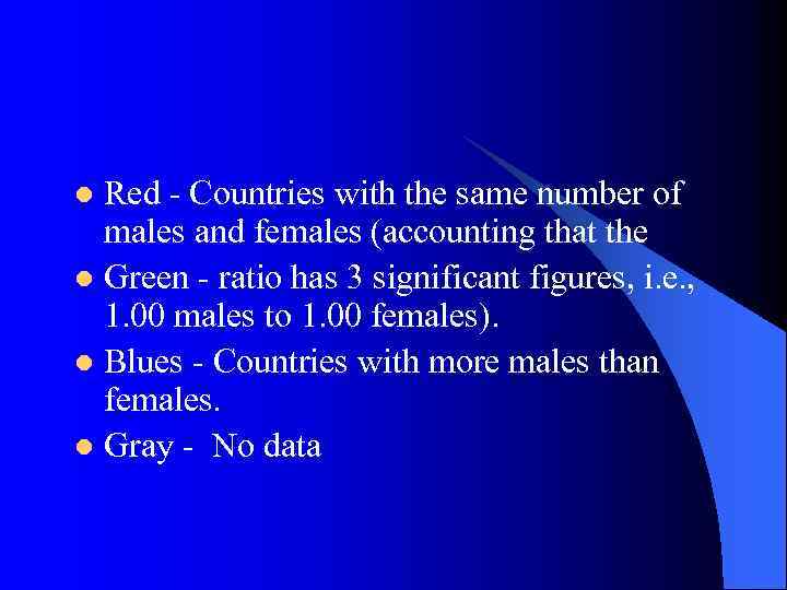 Red Countries with the same number of males and females (accounting that the l