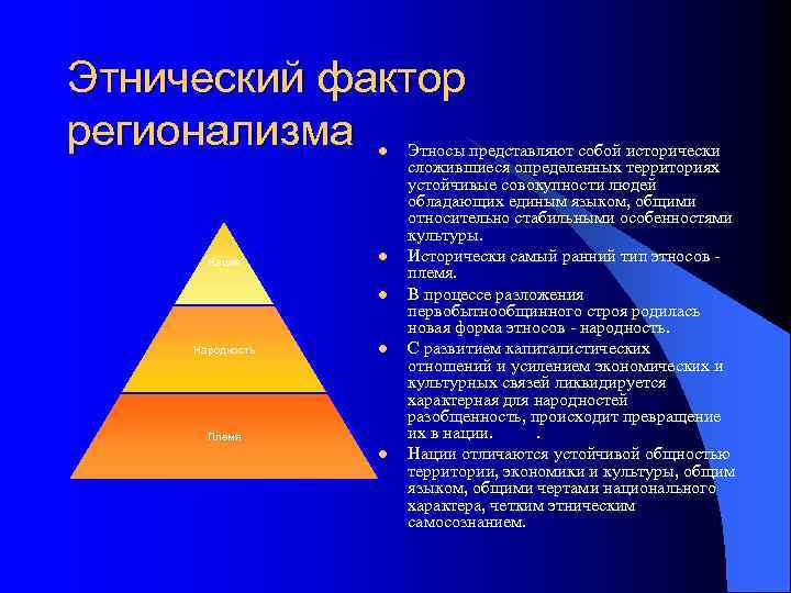 Этнический фактор регионализма l Нация l l Народность l Племя l Этносы представляют собой