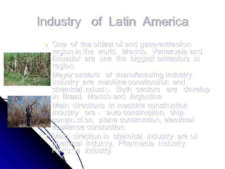 Industry of Latin America l l One of the oldest oil and gase-extraction region