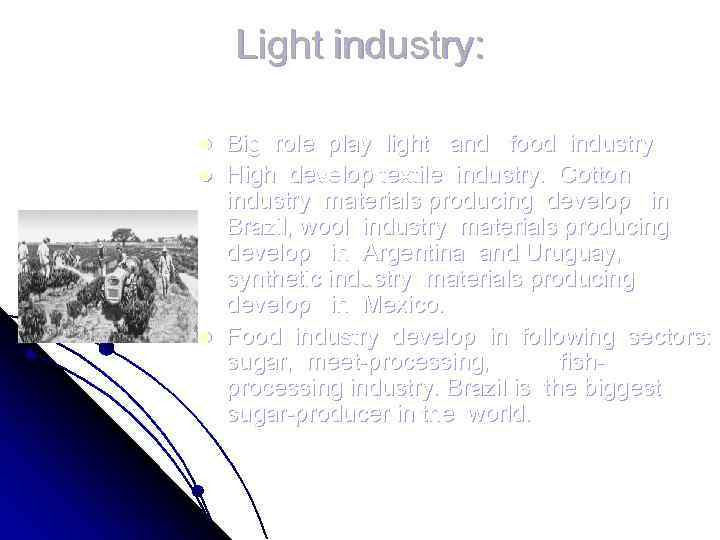 Light industry: l l l Big role play light and food industry High develop