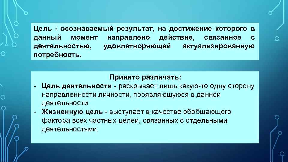 Раскрыть деятельность. Результат на достижение которого направлена деятельность. Осознаваемый результат на достижение которого направлено поведение. Цели деятельности (раскрыть как влияют на саморерегуляцию ). Вид деятельности направленный на достижение результата.