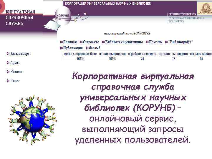 Корпоративная виртуальная справочная служба универсальных научных библиотек (КОРУНБ) – онлайновый сервис, выполняющий запросы удаленных