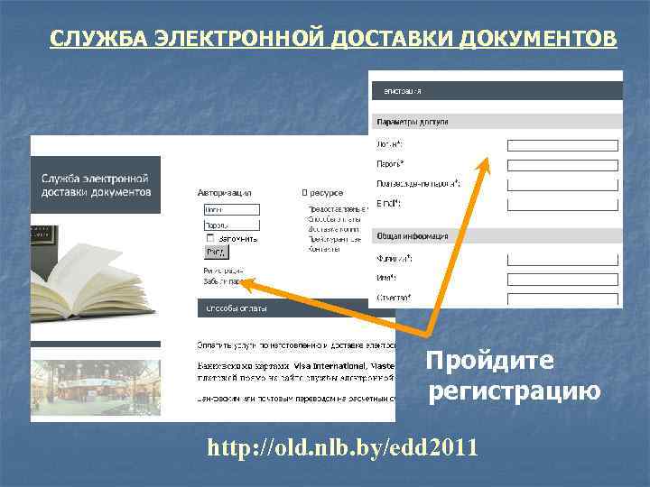 СЛУЖБА ЭЛЕКТРОННОЙ ДОСТАВКИ ДОКУМЕНТОВ Пройдите регистрацию http: //old. nlb. by/edd 2011 