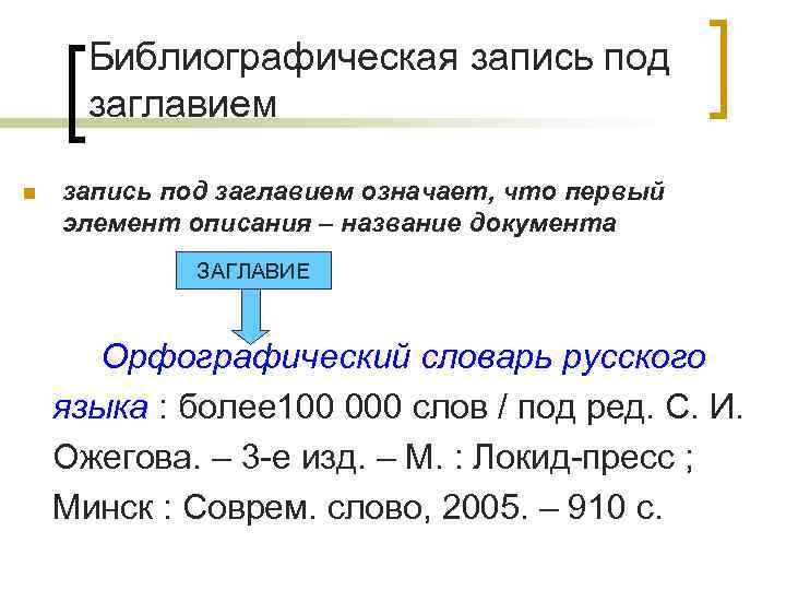 Библиографическая запись под заглавием n запись под заглавием означает, что первый элемент описания –