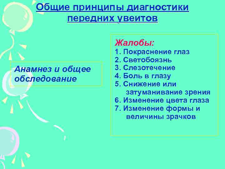 Общие принципы диагностики передних увеитов Жалобы: Анамнез и общее обследование 1. Покраснение глаз 2.