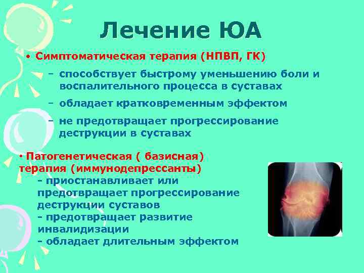 Лечение ЮА • Симптоматическая терапия (НПВП, ГК) – способствует быстрому уменьшению боли и воспалительного
