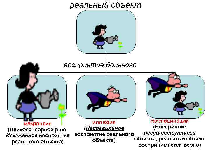 реальный объект восприятие больного: галлюцинация иллюзия макропсия (Восприятие (Неправильное (Психосенсорное р-во. несуществующего Искаженное восприятие