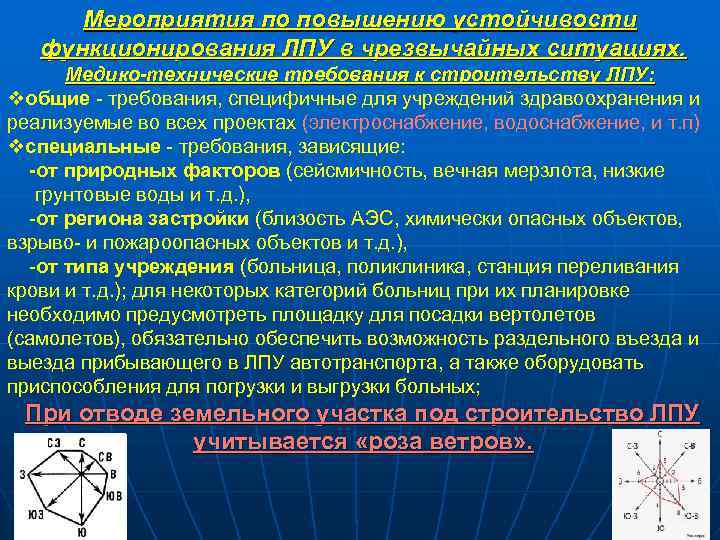 Мероприятия по повышению устойчивости функционирования ЛПУ в чрезвычайных ситуациях. Медико-технические требования к строительству ЛПУ: