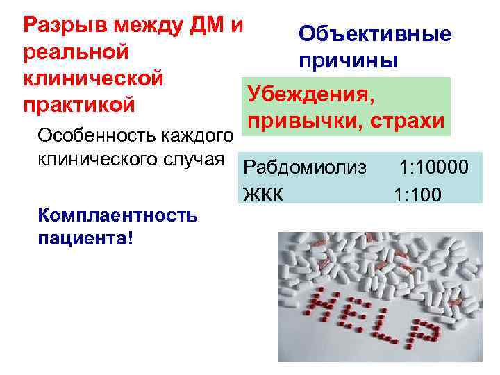 Разрыв между ДМ и Объективные реальной причины клинической Убеждения, практикой привычки, страхи Особенность каждого