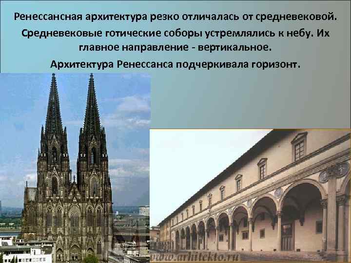 Ренессансная архитектура резко отличалась от средневековой. Средневековые готические соборы устремлялись к небу. Их главное