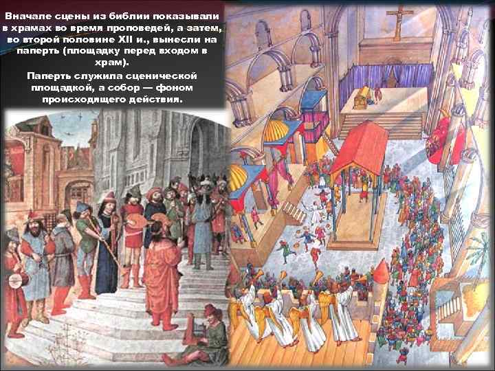 Вначале сцены из библии показывали в храмах во время проповедей, а затем, во второй