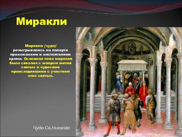 Миракли (чудо) разыгрывались на паперти прихожанами и настоятелями храма. Основная тема миракля была связана