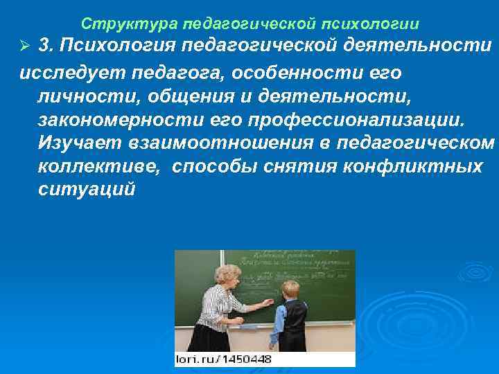 Структура педагогической психологии 3. Психология педагогической деятельности исследует педагога, особенности его личности, общения и