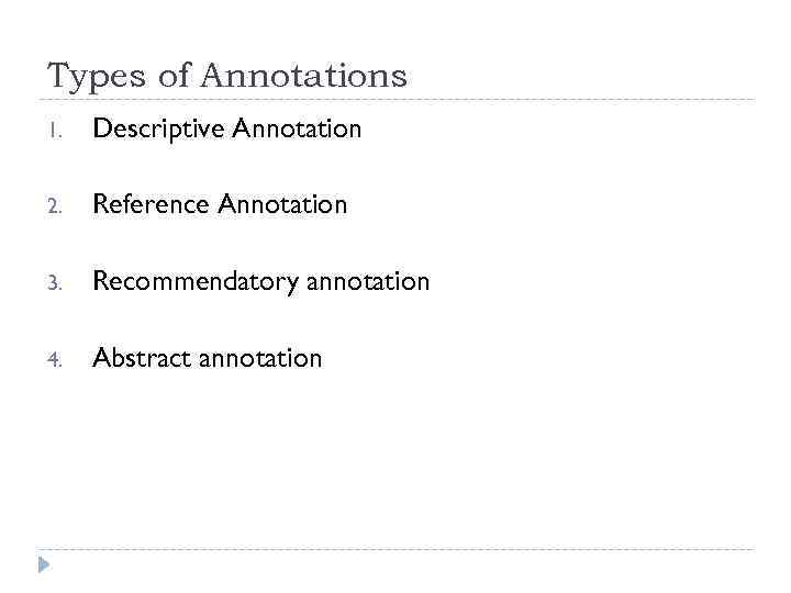 Types of Annotations 1. Descriptive Annotation 2. Reference Annotation 3. Recommendatory annotation 4. Abstract