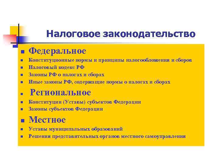 Налоговое законодательство n n n Федеральное Конституционные нормы и принципы налогообложения и сборов Налоговый