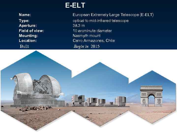 E-ELT Name: Type: Aperture: Field of view: Mounting: Location: European Extremely Large Telescope (E-ELT)