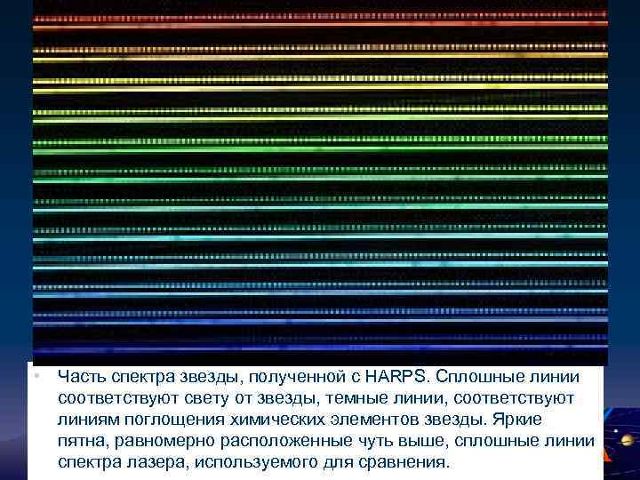  • Часть спектра звезды, полученной с HARPS. Сплошные линии соответствуют свету от звезды,