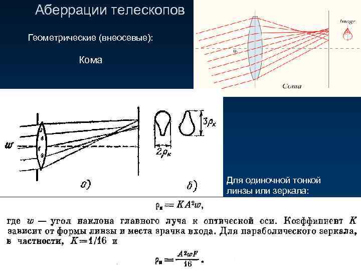 Аберрации телескопов Геометрические (внеосевые): Кома Для одиночной тонкой линзы или зеркала: Дисторсия 3 A