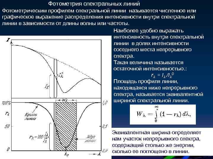 Фотометрия спектральных линий Фотометрическим профилем спектральной линии называется численное или графическое выражение распределения интенсивности