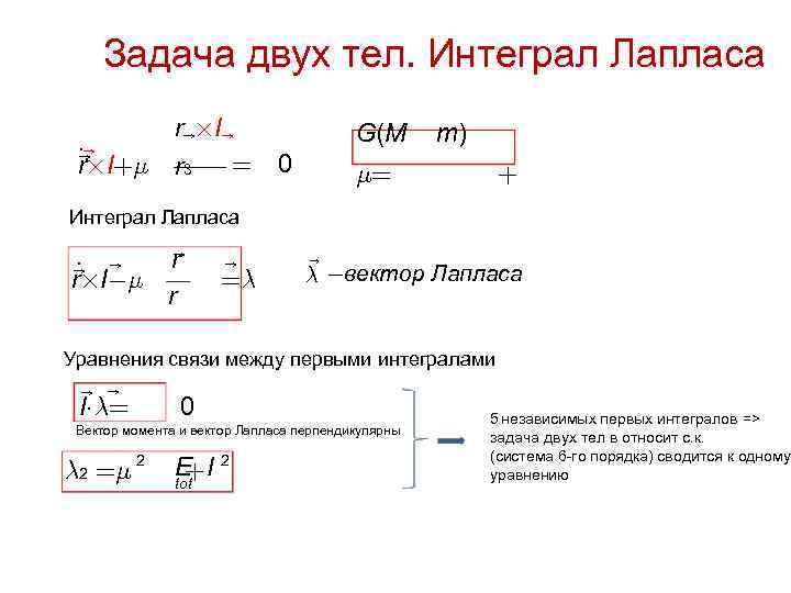 Задача двух тел. Интеграл Лапласа r I 0 r 3 G(M m) Интеграл Лапласа