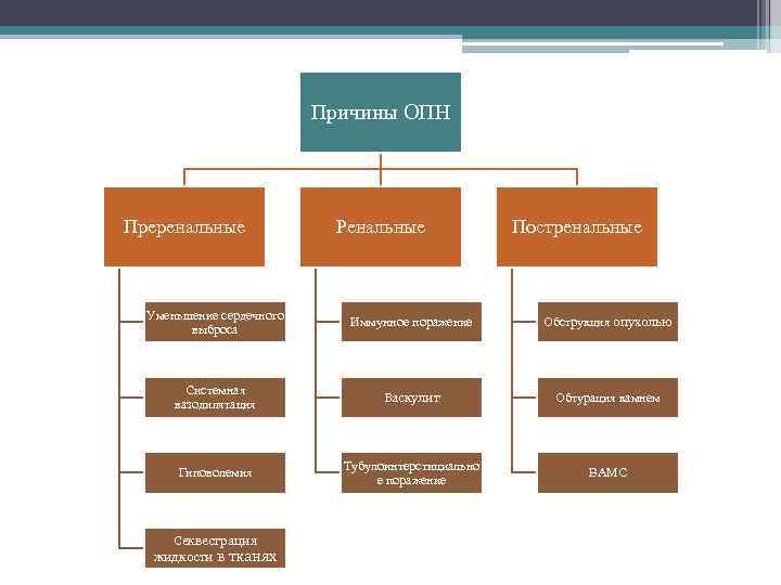 Причины ОПН Преренальные Ренальные Постренальные Уменьшение сердечного выброса Иммунное поражение Обструкция опухолью Системная вазодилятация