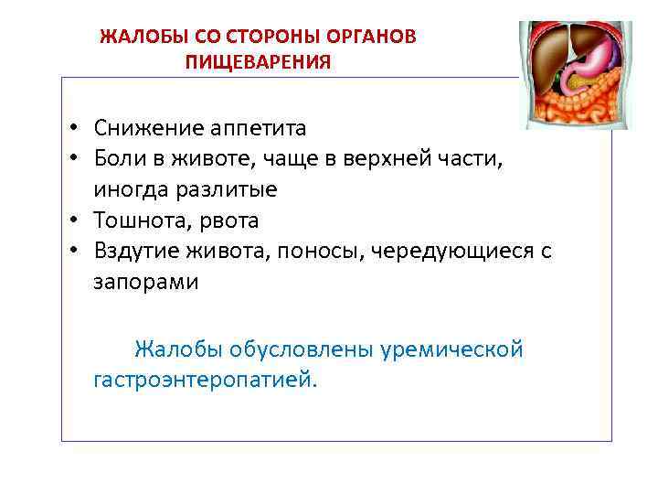 ЖАЛОБЫ СО СТОРОНЫ ОРГАНОВ ПИЩЕВАРЕНИЯ • Снижение аппетита • Боли в животе, чаще в
