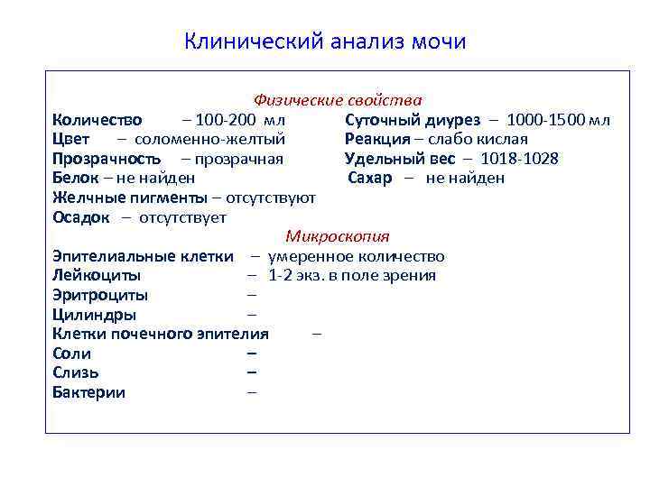 Клинический анализ мочи Физические свойства Количество – 100 -200 мл Суточный диурез – 1000