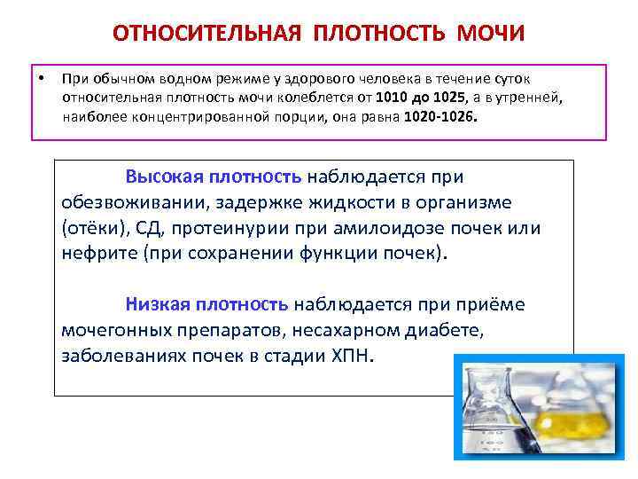 ОТНОСИТЕЛЬНАЯ ПЛОТНОСТЬ МОЧИ • При обычном водном режиме у здорового человека в течение суток