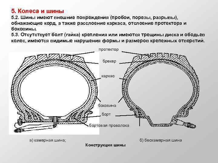 5. Колеса и шины 5. 2. Шины имеют внешние повреждения (пробои, порезы, разрывы), обнажающие