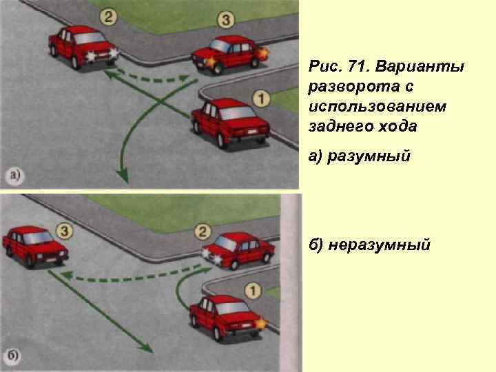 Рис. 71. Варианты разворота с использованием заднего хода а) разумный б) неразумный 