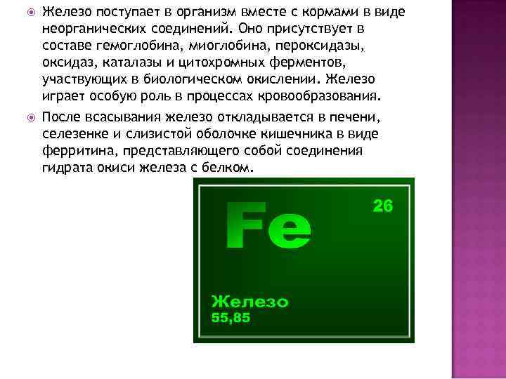  Железо поступает в организм вместе с кормами в виде неорганических соединений. Оно присутствует