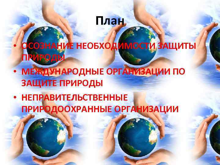План • ОСОЗНАНИЕ НЕОБХОДИМОСТИ ЗАЩИТЫ ПРИРОДЫ • МЕЖДУНАРОДНЫЕ ОРГАНИЗАЦИИ ПО ЗАЩИТЕ ПРИРОДЫ • НЕПРАВИТЕЛЬСТВЕННЫЕ