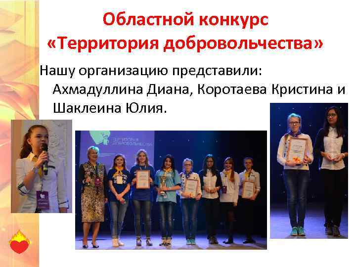 Областной конкурс «Территория добровольчества» Нашу организацию представили: Ахмадуллина Диана, Коротаева Кристина и Шаклеина Юлия.