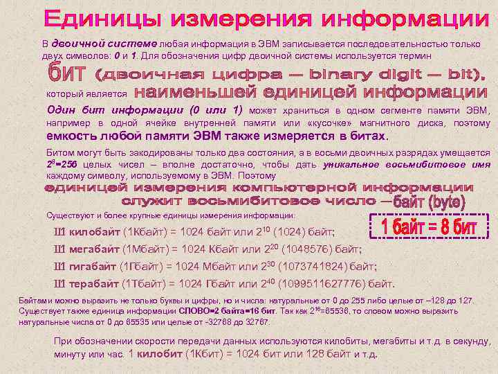 В двоичной системе любая информация в ЭВМ записывается последовательностью только двух символов: 0 и